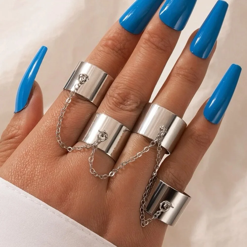 New Silver Stainless Steel Boheme Minimalist 4pcs Cuff Ring With Chain